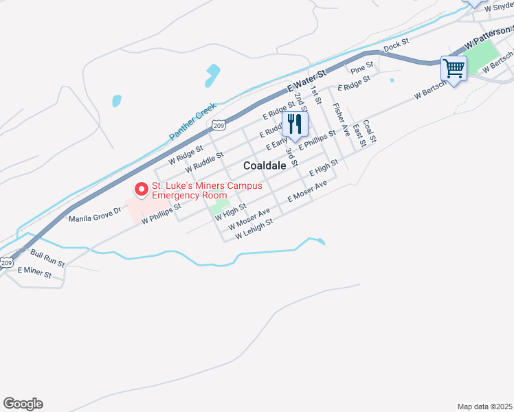 map of restaurants, bars, coffee shops, grocery stores, and more near 32 West High Street in Coaldale