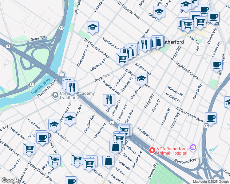map of restaurants, bars, coffee shops, grocery stores, and more near 56 Daniel Avenue in Rutherford