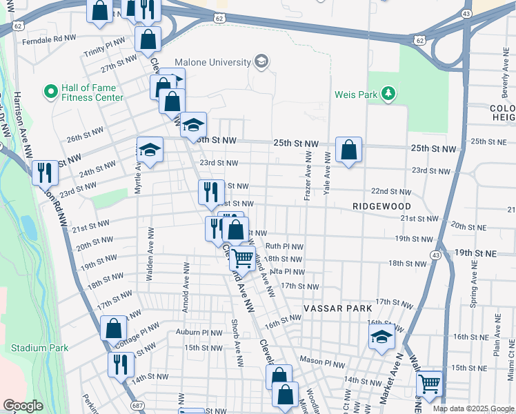 map of restaurants, bars, coffee shops, grocery stores, and more near 710 21st Street Northwest in Canton