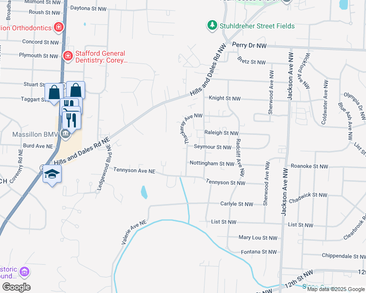 map of restaurants, bars, coffee shops, grocery stores, and more near 2733 Thackeray Avenue Northwest in Massillon