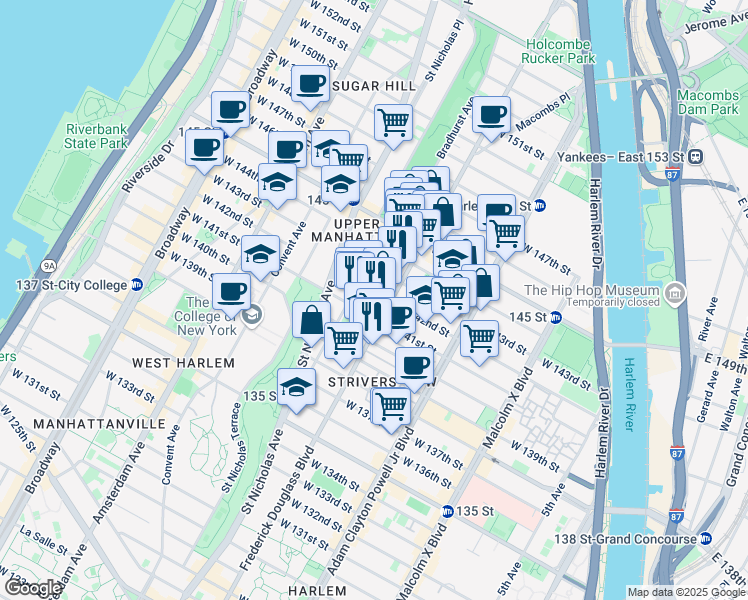 map of restaurants, bars, coffee shops, grocery stores, and more near in New York