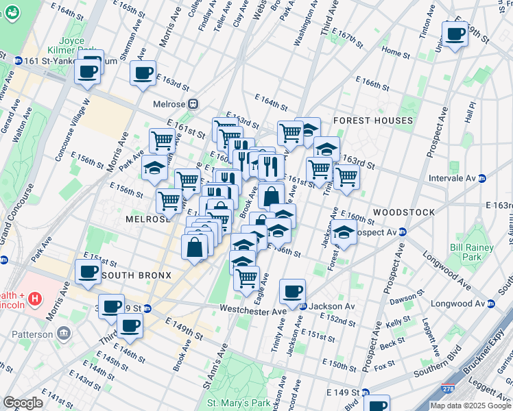 map of restaurants, bars, coffee shops, grocery stores, and more near 793B Saint Ann's Avenue in Bronx
