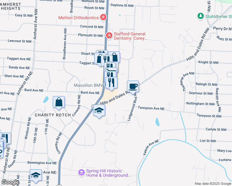 map of restaurants, bars, coffee shops, grocery stores, and more near 7979 Hills and Dales Road Northwest in Massillon