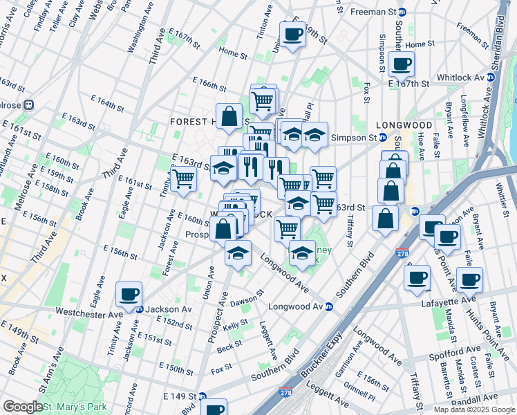 map of restaurants, bars, coffee shops, grocery stores, and more near 900 Prospect Avenue in Bronx