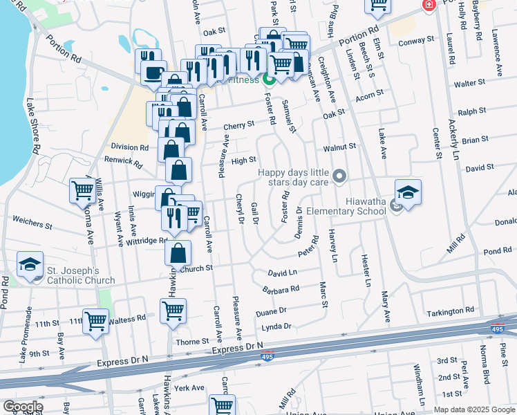 map of restaurants, bars, coffee shops, grocery stores, and more near 11 Gail Drive in Lake Ronkonkoma