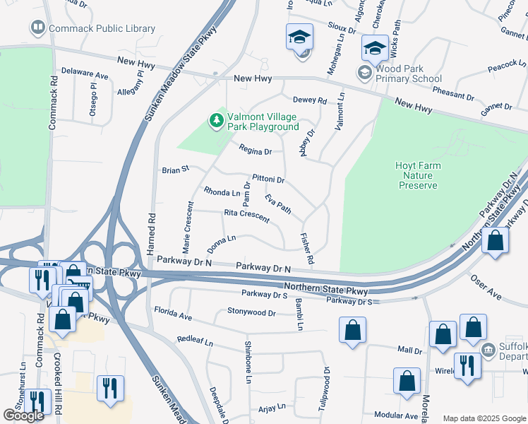 map of restaurants, bars, coffee shops, grocery stores, and more near 29 Rita Crescent in Commack