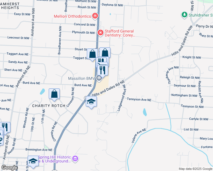 map of restaurants, bars, coffee shops, grocery stores, and more near 7979 Hills and Dales Road Northwest in Massillon