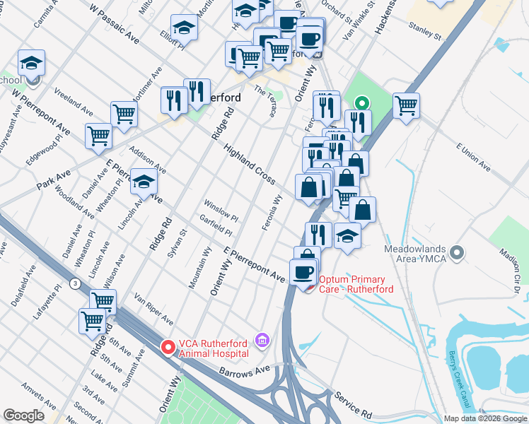 map of restaurants, bars, coffee shops, grocery stores, and more near 199 Orient Way in Rutherford