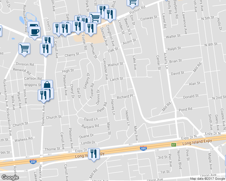 map of restaurants, bars, coffee shops, grocery stores, and more near 94 Duncan Avenue in Ronkonkoma