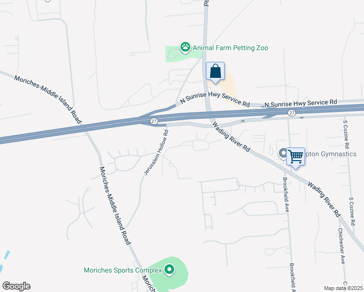map of restaurants, bars, coffee shops, grocery stores, and more near 84 Acorn Circle in Moriches