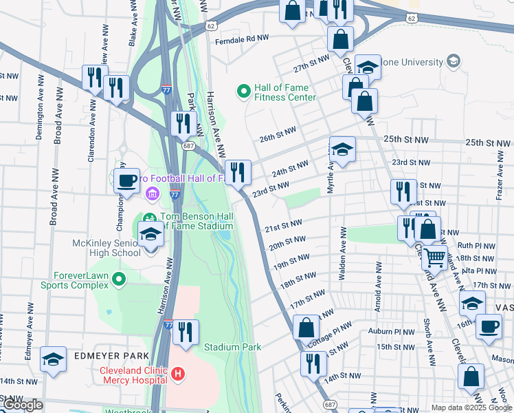 map of restaurants, bars, coffee shops, grocery stores, and more near 2214 Fulton Road Northwest in Canton