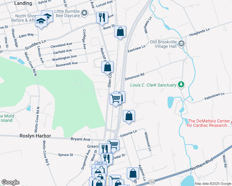 map of restaurants, bars, coffee shops, grocery stores, and more near 105 Simonson Road in Glen Head