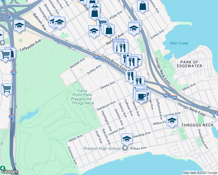 map of restaurants, bars, coffee shops, grocery stores, and more near 460 Swinton Avenue in Bronx
