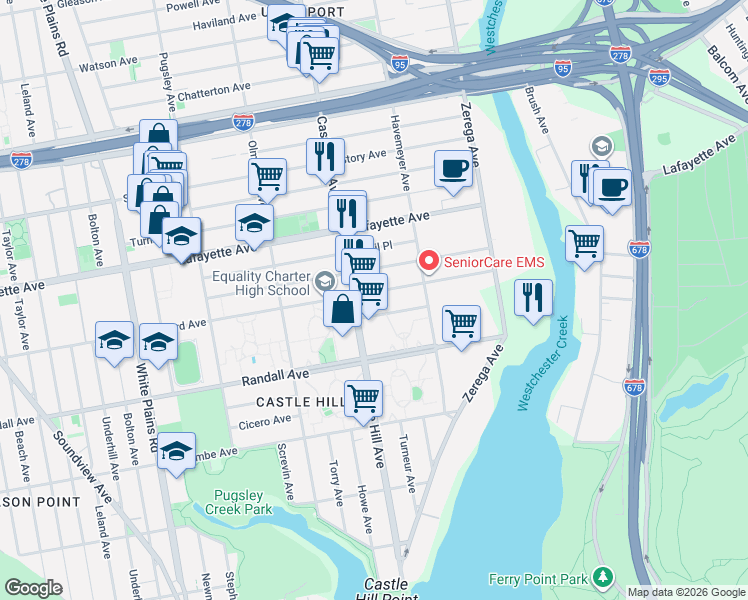 map of restaurants, bars, coffee shops, grocery stores, and more near in The Bronx