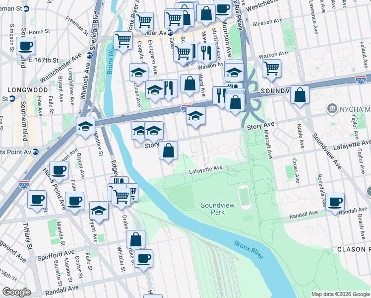 map of restaurants, bars, coffee shops, grocery stores, and more near 1530 Story Avenue in Bronx