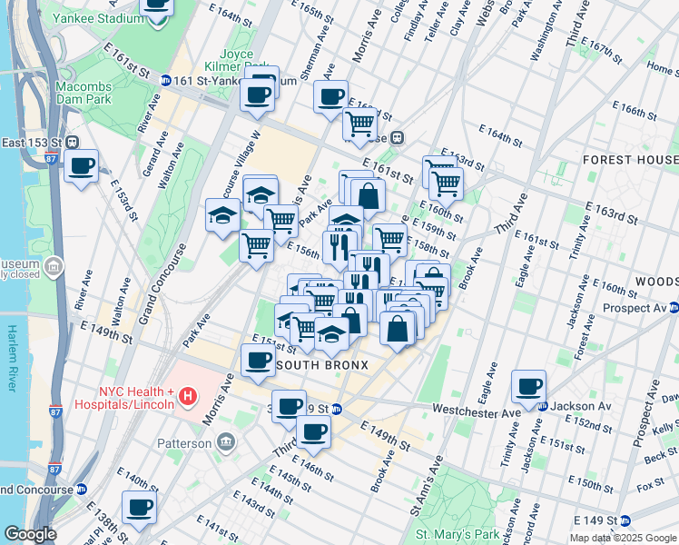 map of restaurants, bars, coffee shops, grocery stores, and more near 732 Courtlandt Avenue in The Bronx