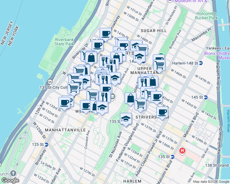 map of restaurants, bars, coffee shops, grocery stores, and more near 260 Convent Avenue in New York