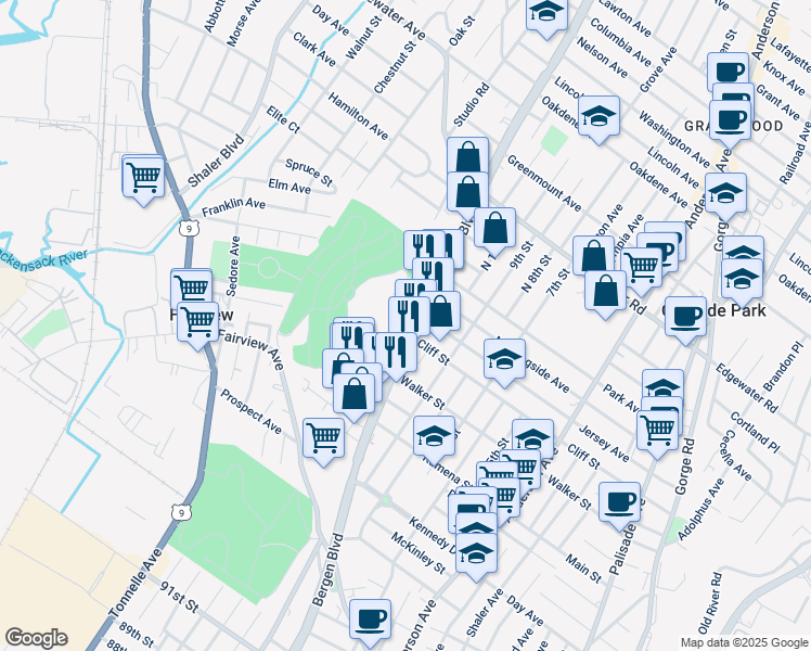 map of restaurants, bars, coffee shops, grocery stores, and more near 344 Bergen Boulevard in Fairview