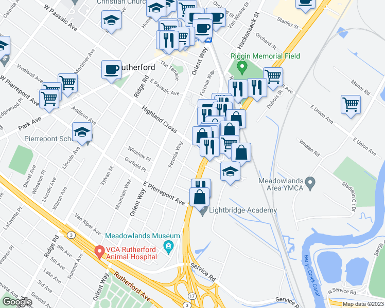 map of restaurants, bars, coffee shops, grocery stores, and more near 178 Highland Cross in Rutherford