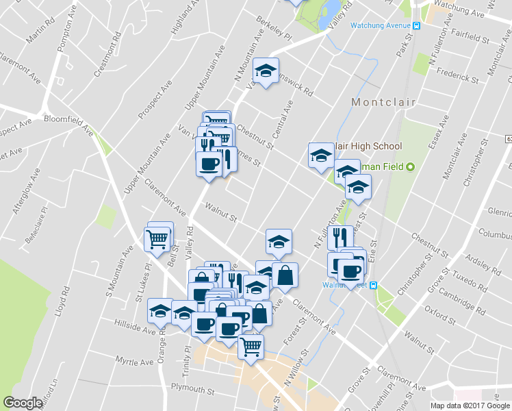 map of restaurants, bars, coffee shops, grocery stores, and more near 15 Central Avenue in Montclair