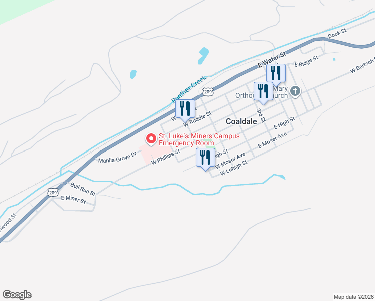 map of restaurants, bars, coffee shops, grocery stores, and more near 234 West Phillips Street in Coaldale