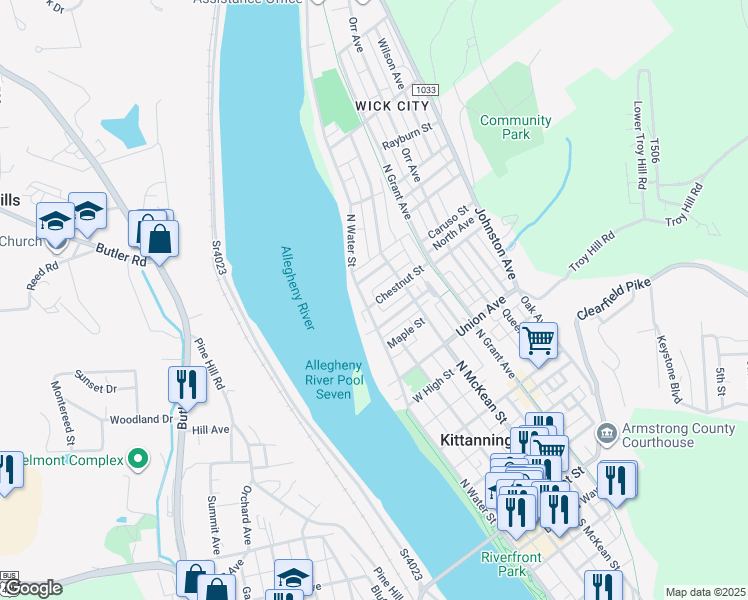 map of restaurants, bars, coffee shops, grocery stores, and more near 713 North Water Street in Kittanning