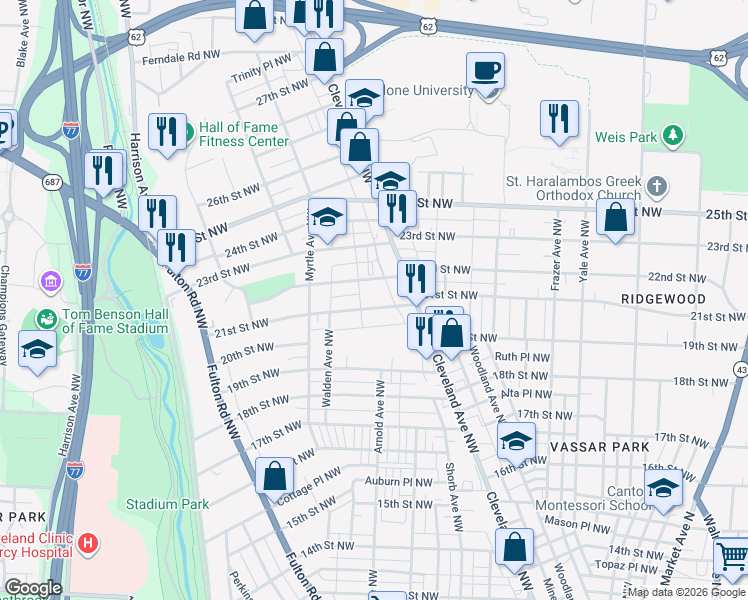 map of restaurants, bars, coffee shops, grocery stores, and more near 1227 21st Street Northwest in Canton