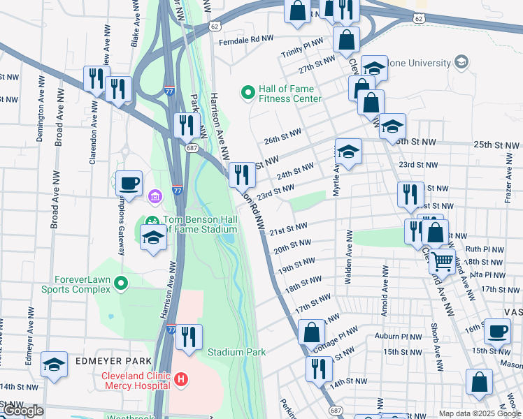 map of restaurants, bars, coffee shops, grocery stores, and more near 2214 Fulton Road Northwest in Canton