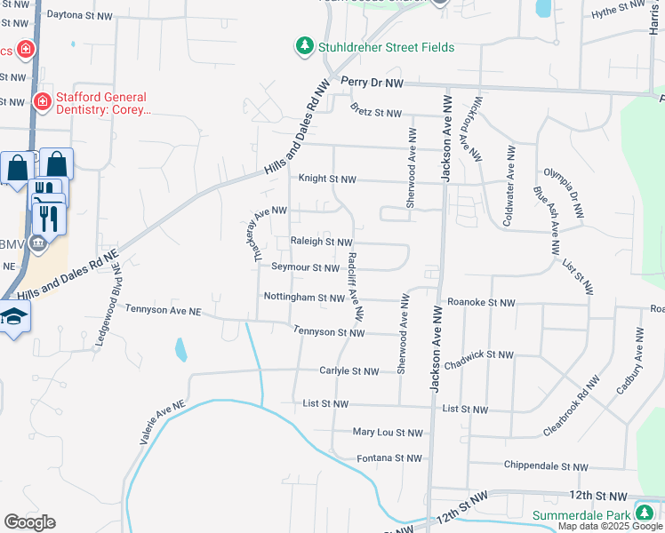 map of restaurants, bars, coffee shops, grocery stores, and more near 1369 Seymour Street Northwest in Massillon