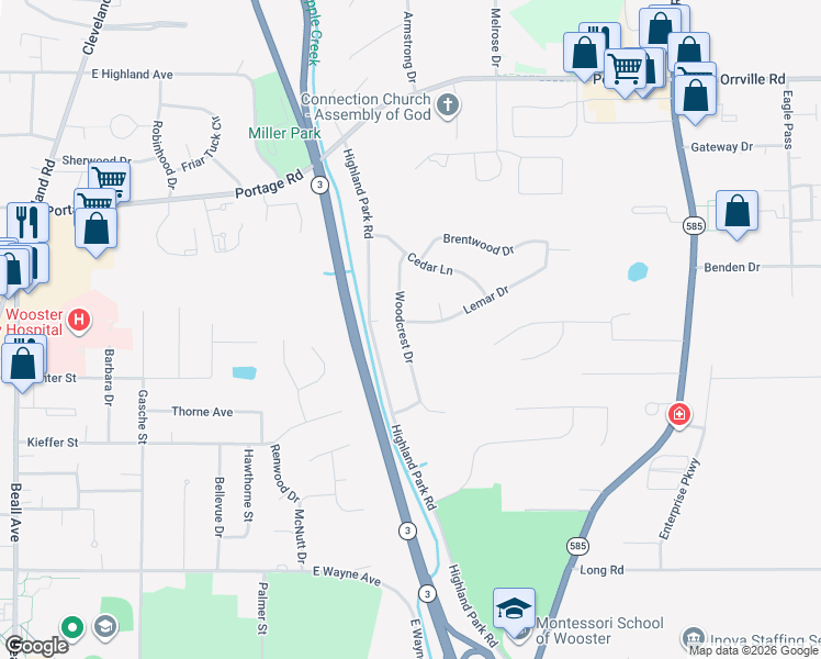 map of restaurants, bars, coffee shops, grocery stores, and more near 1682 Woodcrest Drive in Wooster