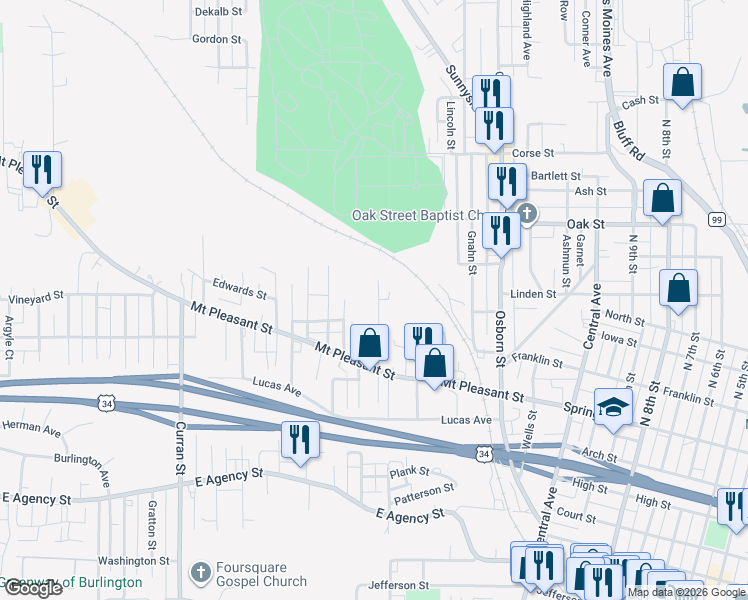 map of restaurants, bars, coffee shops, grocery stores, and more near 1212 Doemland Street in Burlington