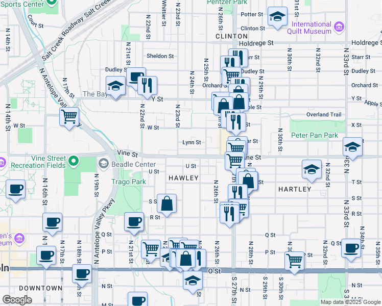 map of restaurants, bars, coffee shops, grocery stores, and more near 2454 Vine Street in Lincoln