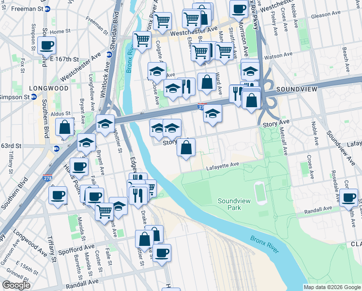 map of restaurants, bars, coffee shops, grocery stores, and more near 880 Colgate Avenue in Bronx