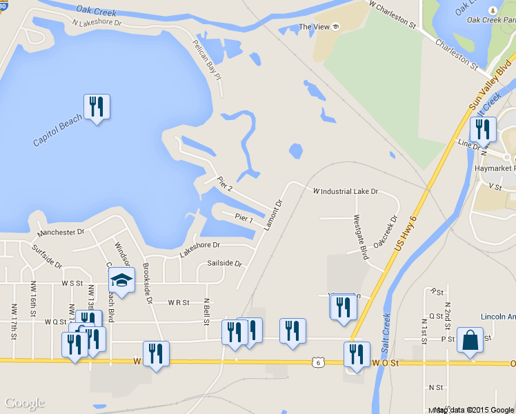 map of restaurants, bars, coffee shops, grocery stores, and more near 515 Pier 2 in Lincoln