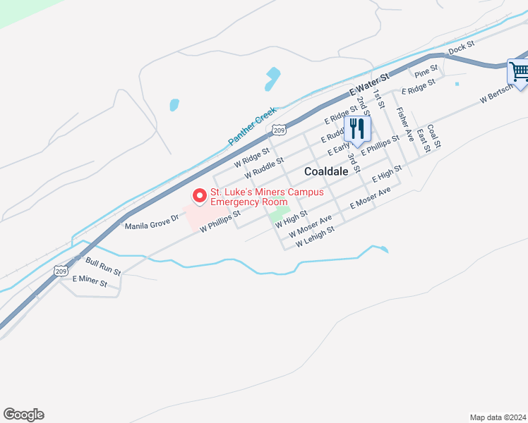map of restaurants, bars, coffee shops, grocery stores, and more near 202 West Phillips Street in Coaldale