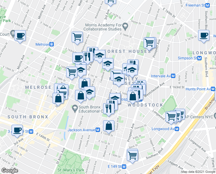 map of restaurants, bars, coffee shops, grocery stores, and more near 832 Trinity Avenue in Bronx