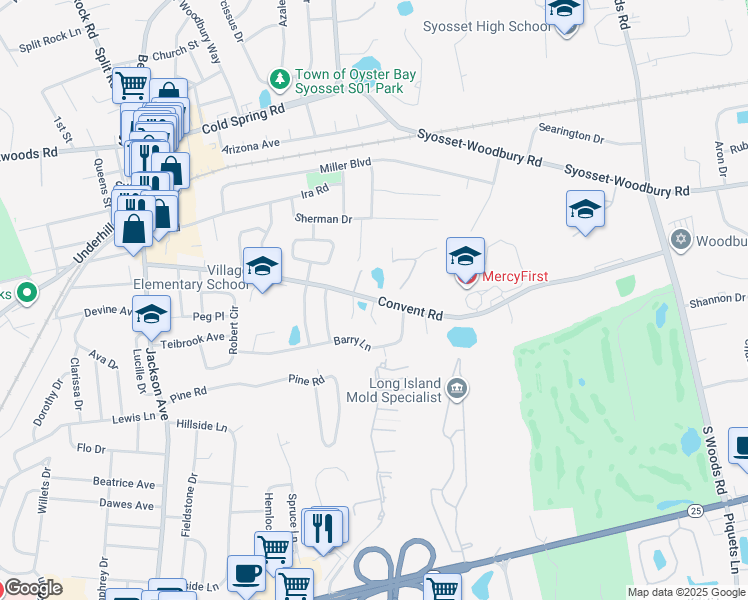 map of restaurants, bars, coffee shops, grocery stores, and more near 112 Convent Road in Syosset