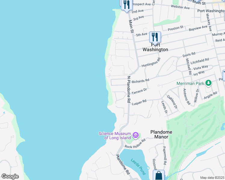 map of restaurants, bars, coffee shops, grocery stores, and more near 23 Secor Drive in Port Washington