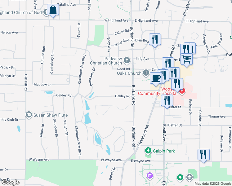 map of restaurants, bars, coffee shops, grocery stores, and more near 165 Oakley Road in Wooster