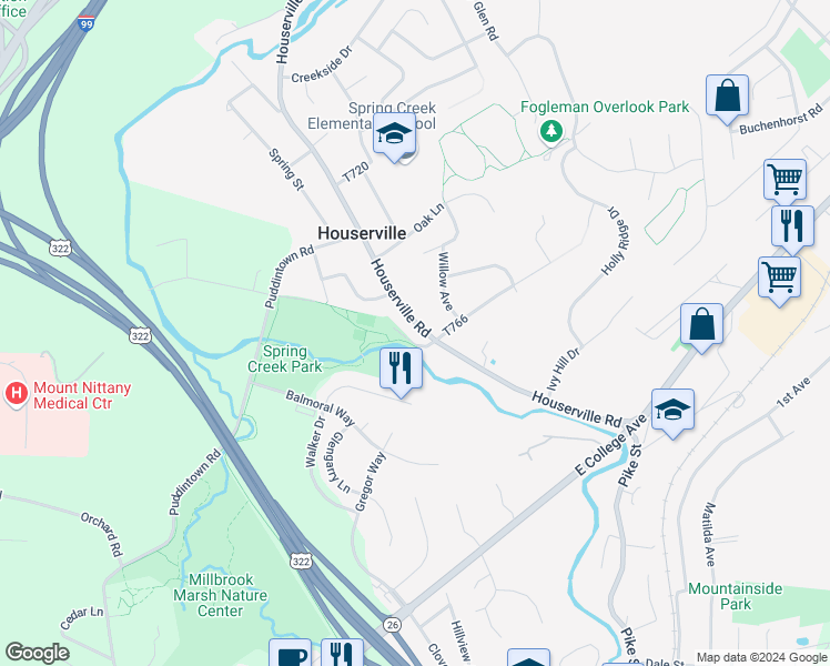 map of restaurants, bars, coffee shops, grocery stores, and more near 915 Houserville Road in State College