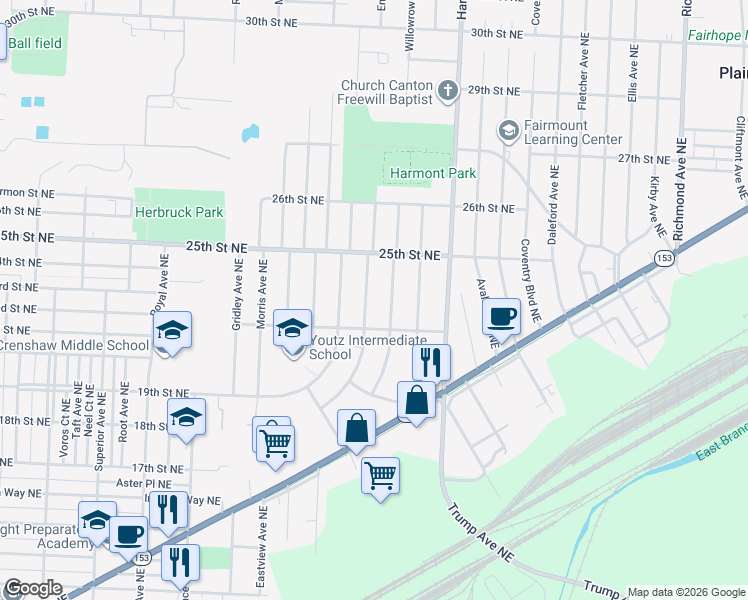 map of restaurants, bars, coffee shops, grocery stores, and more near 2232 Endrow Avenue Northeast in Canton