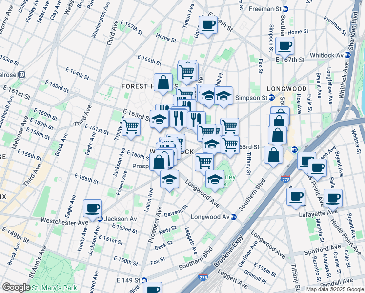map of restaurants, bars, coffee shops, grocery stores, and more near 900 Prospect Avenue in Bronx