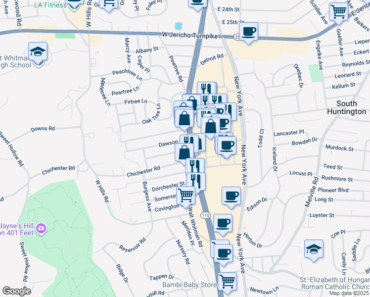 map of restaurants, bars, coffee shops, grocery stores, and more near 3 Livingston Street in Huntington Station