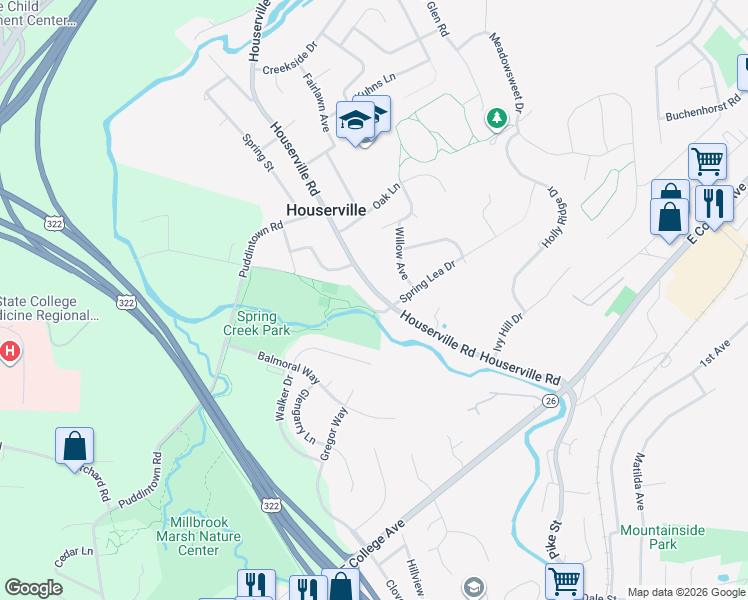 map of restaurants, bars, coffee shops, grocery stores, and more near 915 Houserville Road in State College