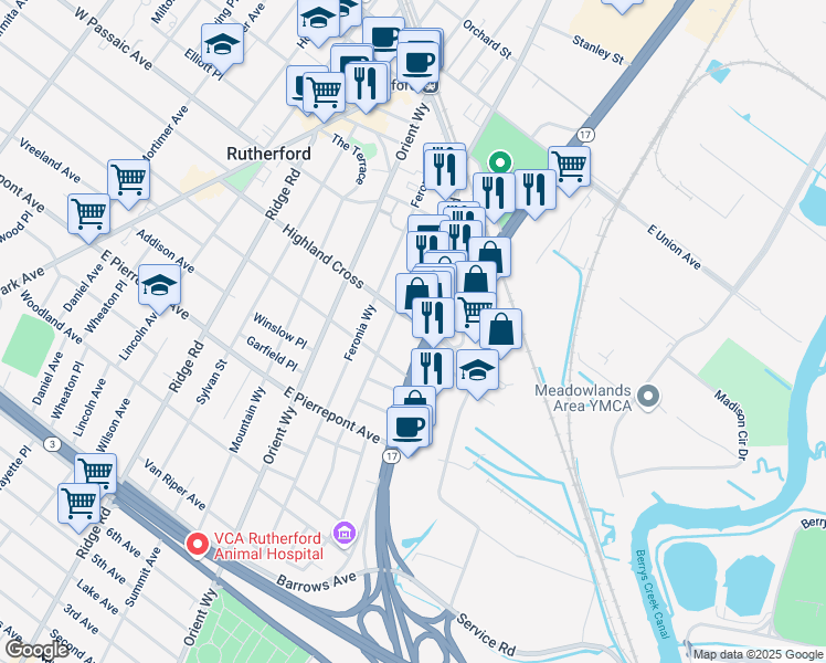 map of restaurants, bars, coffee shops, grocery stores, and more near 178 Highland Cross in Rutherford