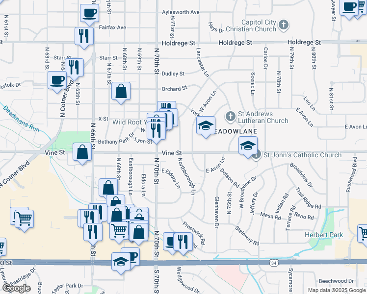 map of restaurants, bars, coffee shops, grocery stores, and more near 810 Northborough Lane in Lincoln
