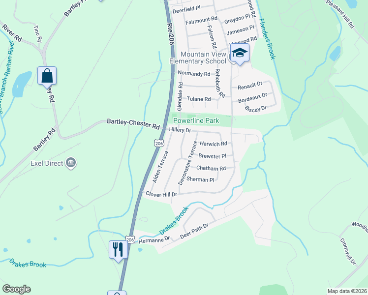 map of restaurants, bars, coffee shops, grocery stores, and more near 6 Beekmeer Place in Mount Olive