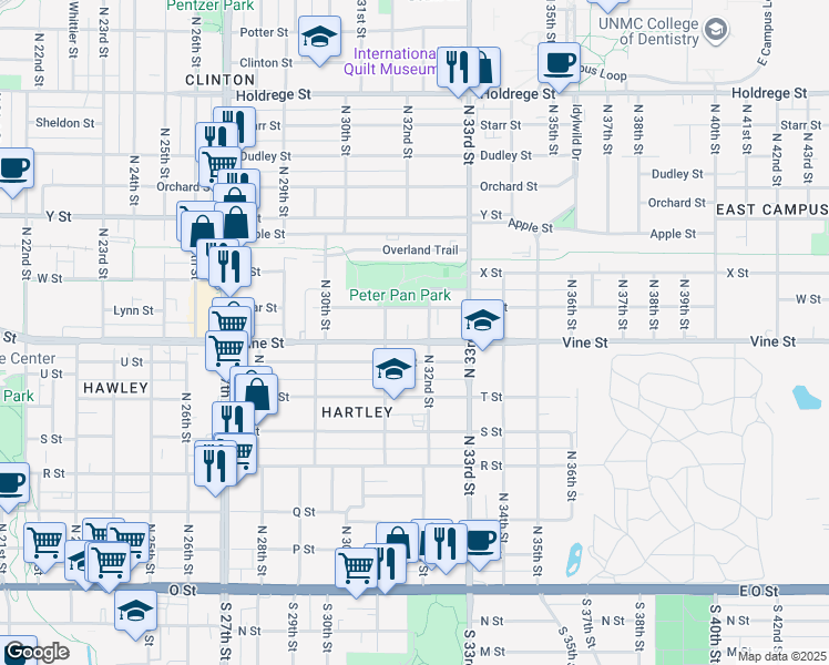 map of restaurants, bars, coffee shops, grocery stores, and more near 3144 Vine St in Lincoln