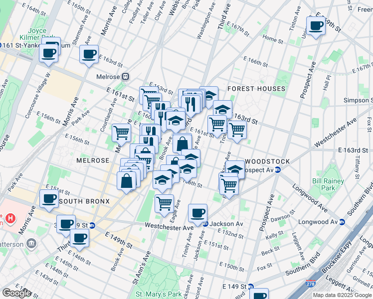 map of restaurants, bars, coffee shops, grocery stores, and more near 820 Saint Ann's Avenue in Bronx