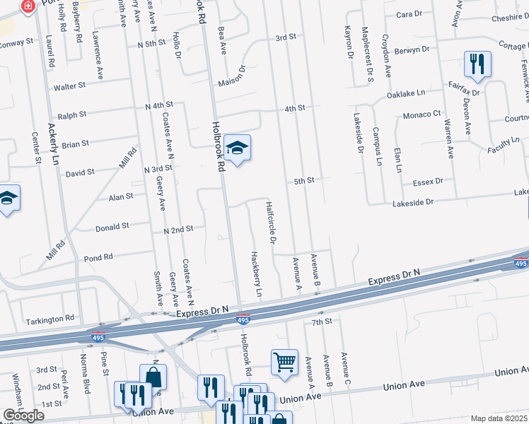 map of restaurants, bars, coffee shops, grocery stores, and more near 23 Halfcircle Drive in Holbrook